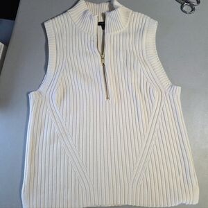 Talbots Cream Ribbed Half Zip Sweater Vest Large Gold Zip Chic Spring Layering